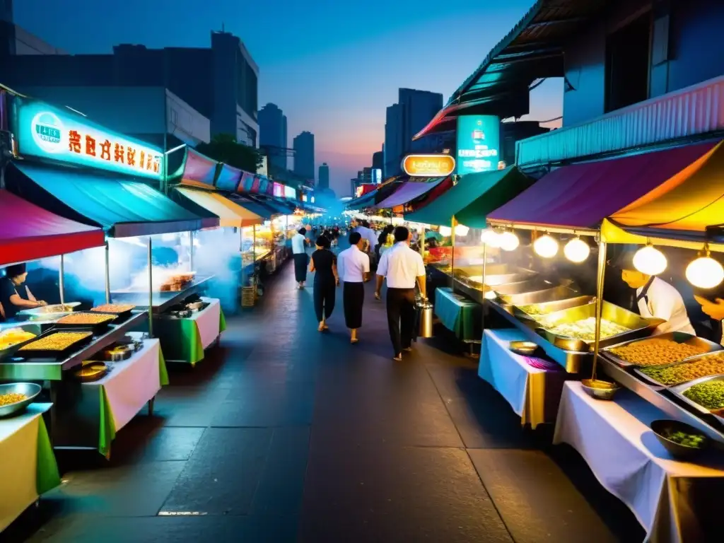 Vibrante mercado de comida callejera asiática en Bangkok de noche