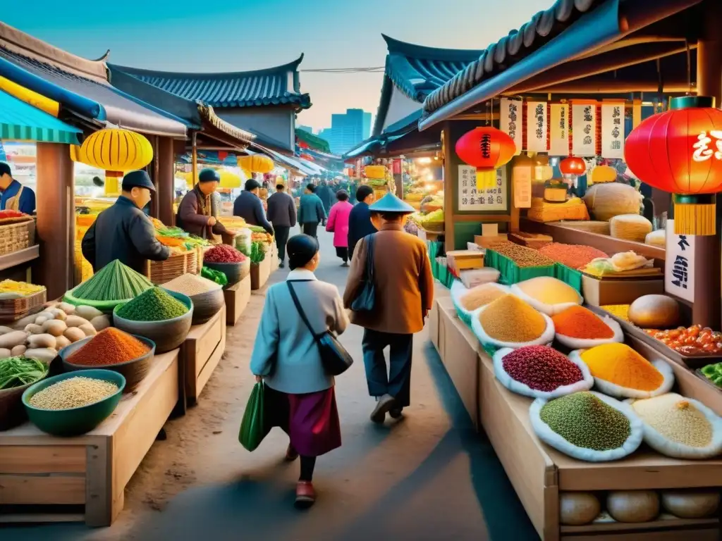 Vibrante mercado coreano vendiendo salsa de soja coreana Makjang, capturando la esencia culinaria y cultural