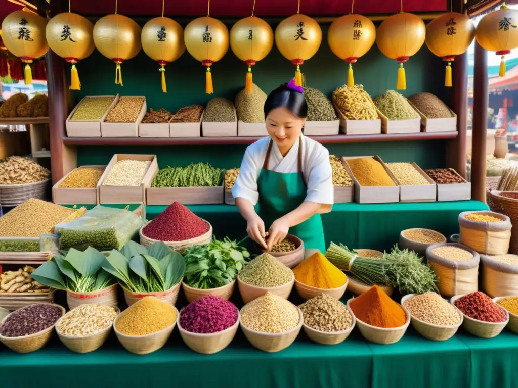 Vibrante mercado de hierbas chinas con vendedores y hierbas coloridas