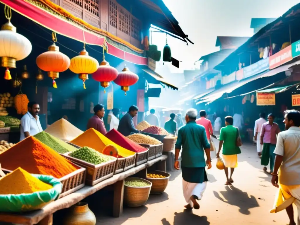 Vibrante mercado en India con influencia del Hinduismo en Asia, lleno de colores, gente y comercio tradicional