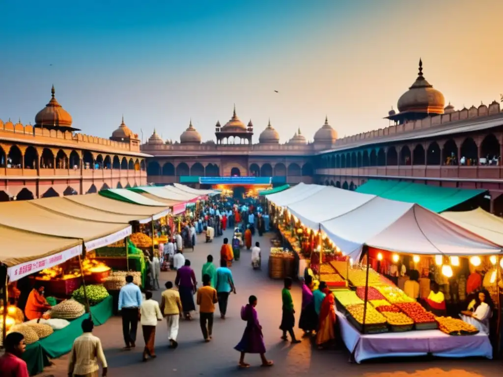 Vibrante mercado indio con colores tradicionales, gente y variedad de productos, reflejando la rica cultura e historia de la India