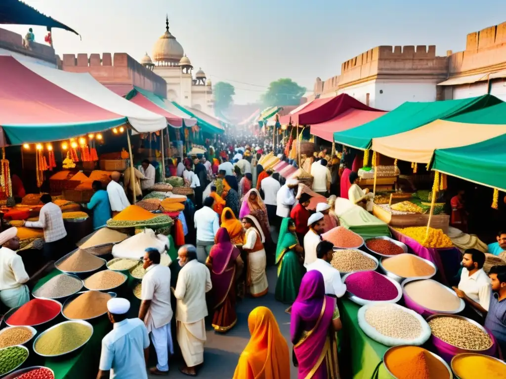 Un vibrante mercado indio lleno de textiles y especias, donde la modernidad se fusiona con la tradición en la literatura India