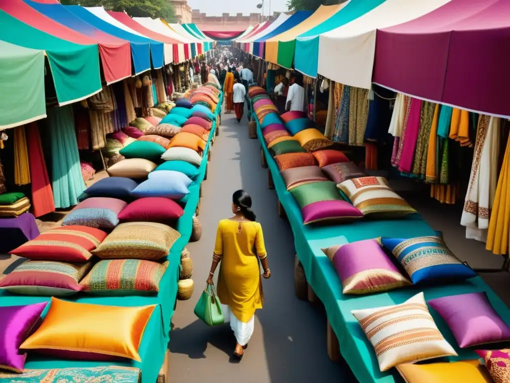 Vibrante mercado indio con moda tradicional y moderna, colores y texturas que reflejan el impacto del cine indio en la moda occidental