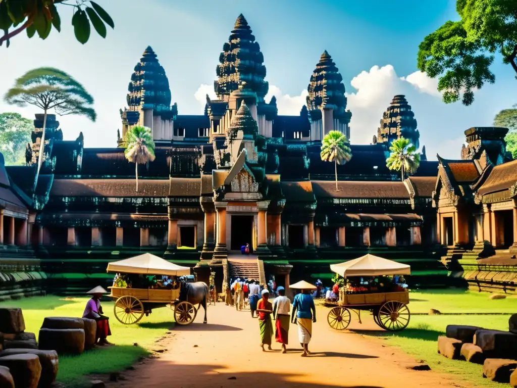 Vibrante mercado en Angkor Wat, con intercambios entre clases sociales en la era de Angkor Wat