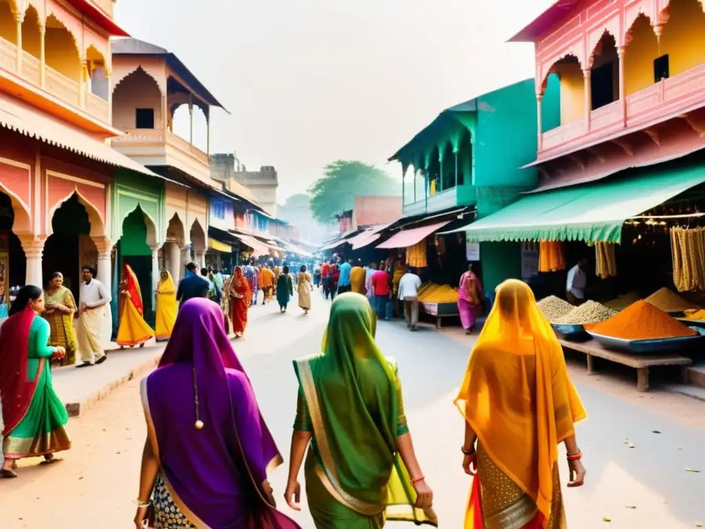 Vibrante mercado en Jaipur, India, con mujeres en saris coloridos