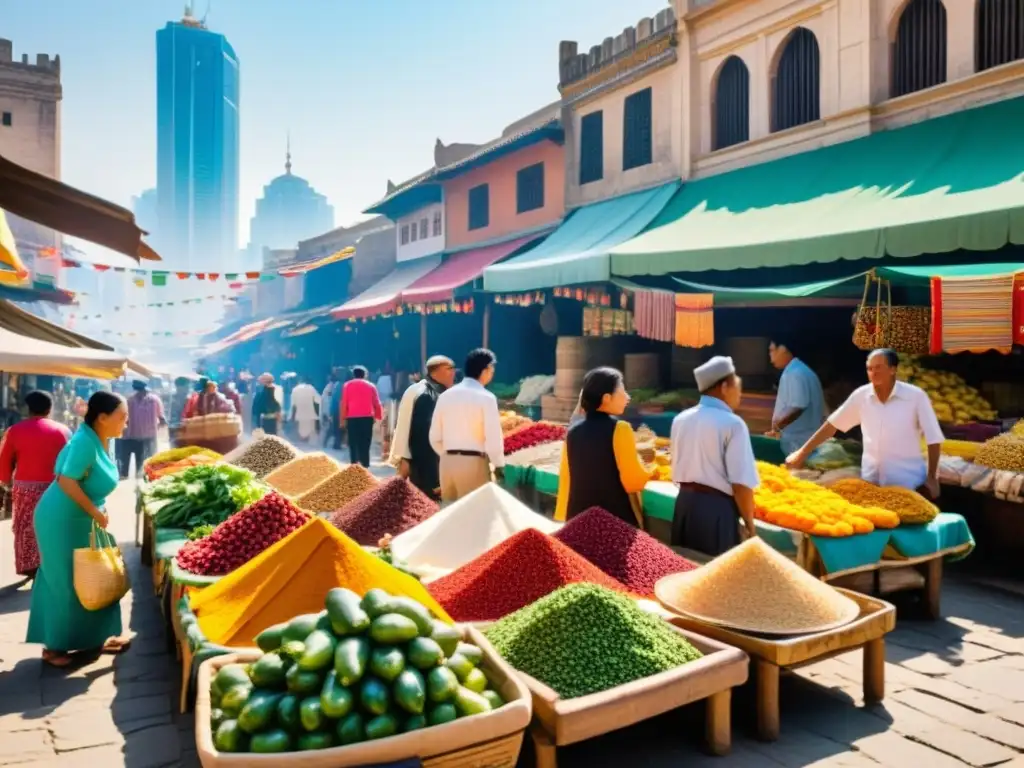 Vibrante mercado en Asia Menor, con textiles, especias y arquitectura antigua y moderna