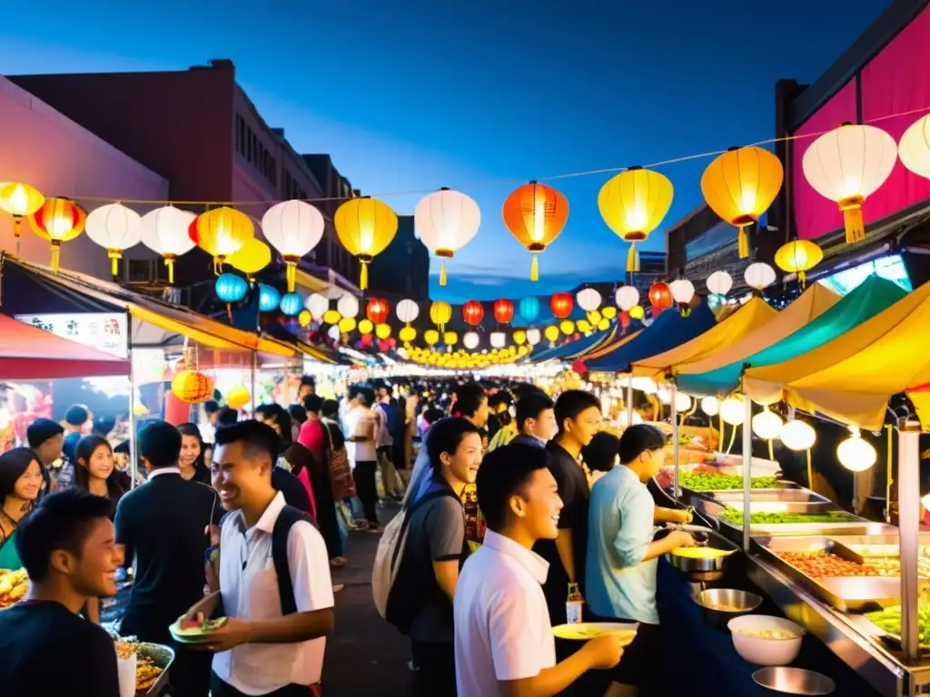 Vibrante mercado nocturno asiático con puestos de comida callejera y estudiantes disfrutando, reflejando el costo de vida para estudiantes en Asia