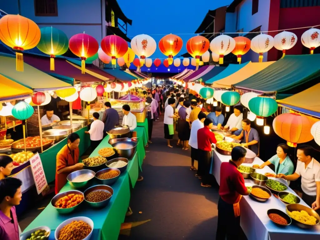 Vibrante mercado nocturno asiático con chefs celebridades de Asia, puestos de comida y clientes disfrutando de la variedad culinaria