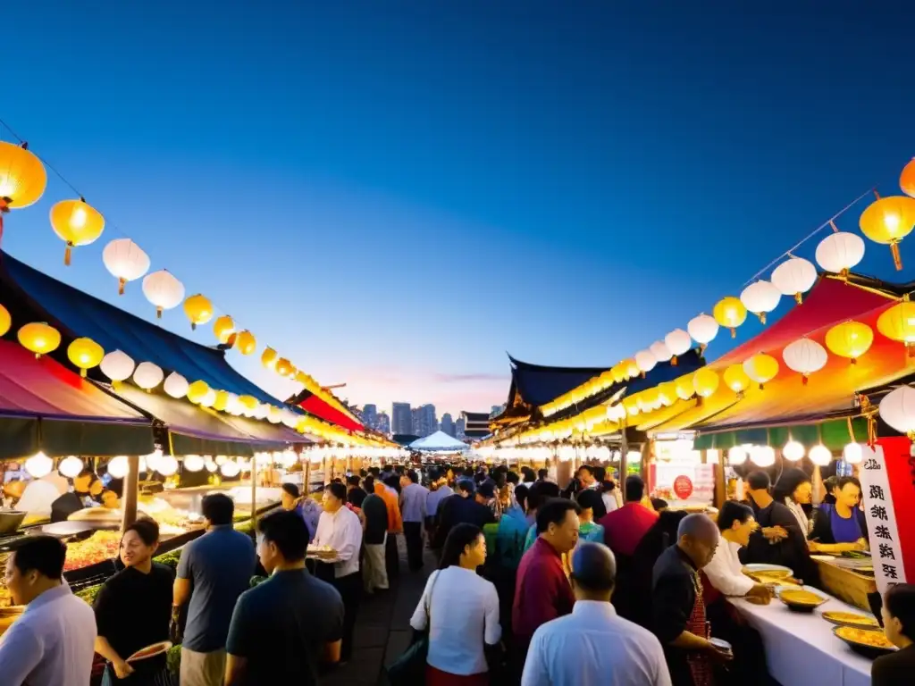 Un vibrante mercado nocturno asiático rebosante de coloridas paradas de comida gourmet