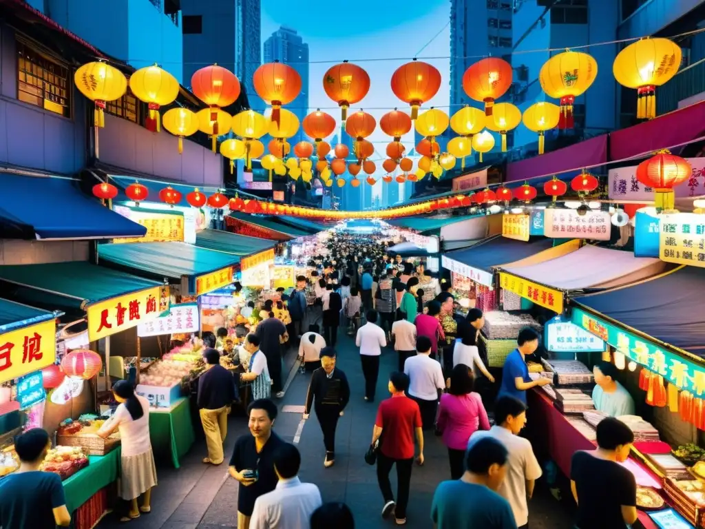 Vibrante mercado nocturno en Hong Kong con luces de neón, puestos de venta y energía única de la ciudad