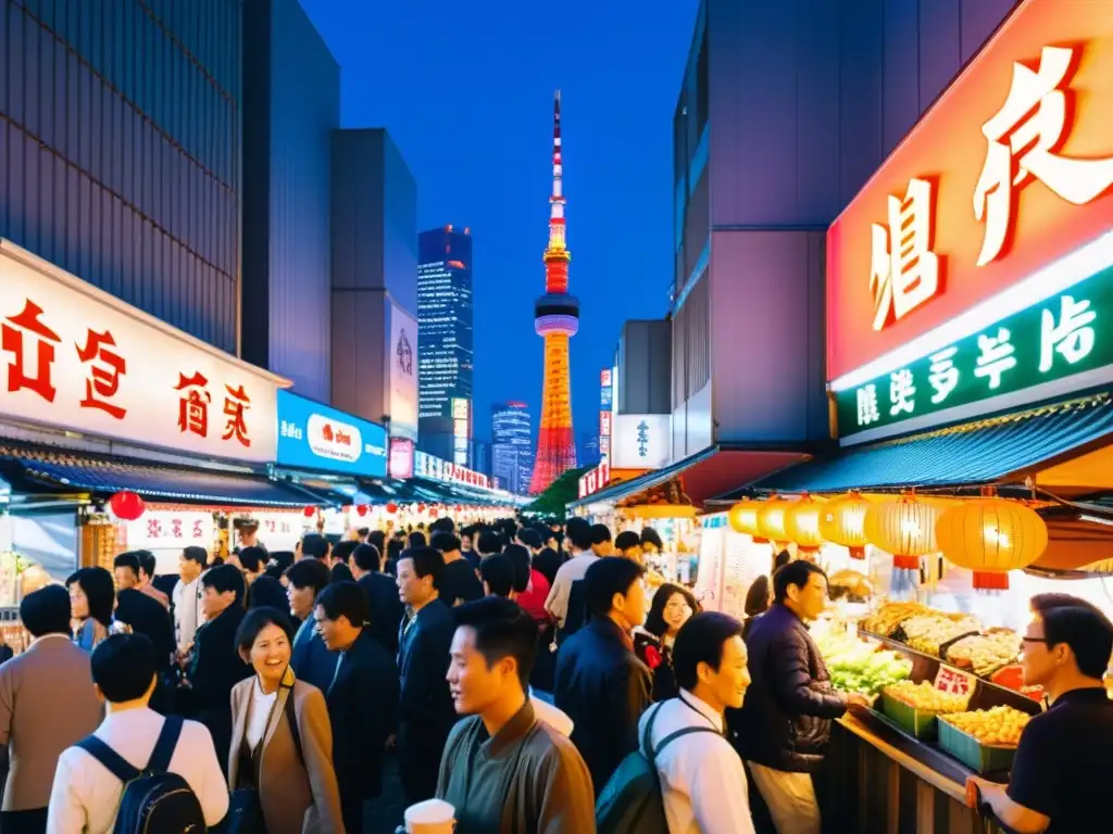 Un vibrante mercado nocturno en Tokio, Japón, con luces de neón y una atmósfera dinámica que refleja el valor cultural de los videojuegos asiáticos