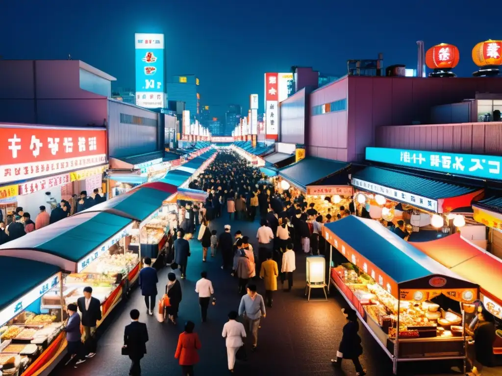 Vibrante mercado nocturno en Tokio, con luces de neón y puestos de comida tradicional, evocando el realismo mágico del cine asiático