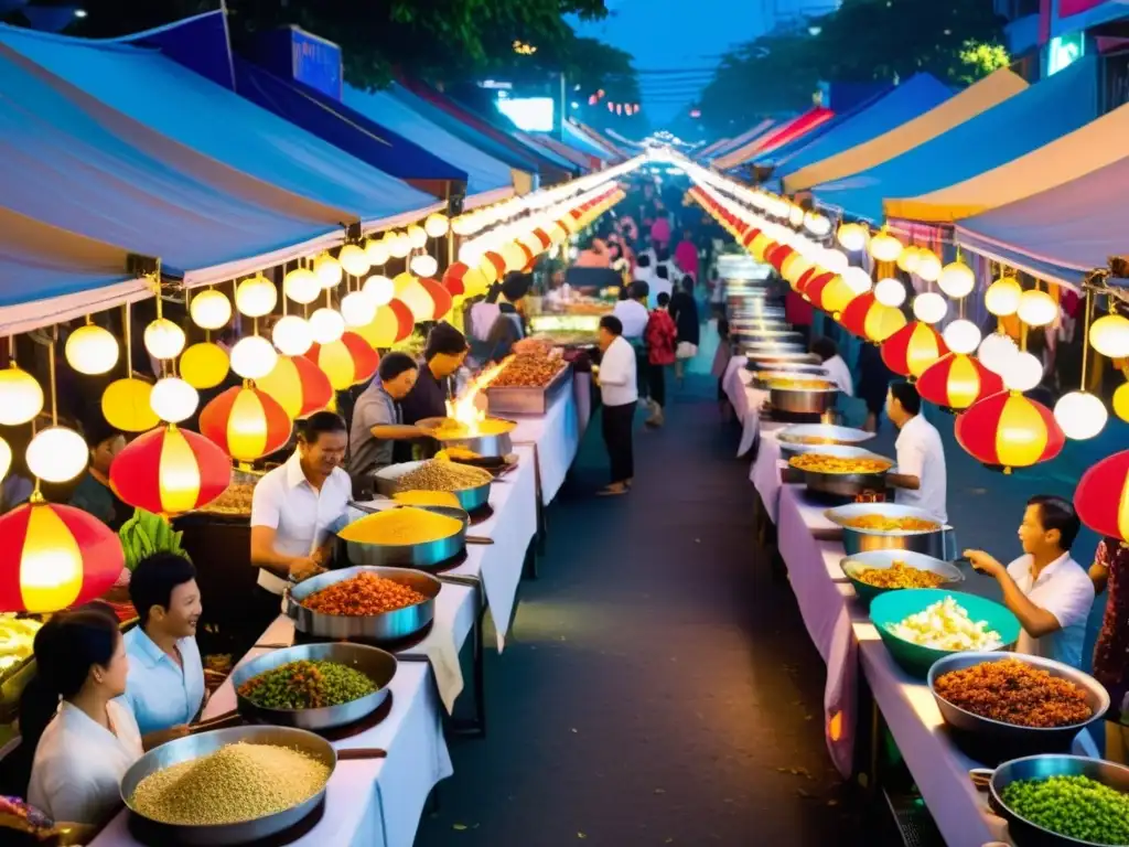 Vibrante mercado nocturno en Asia, con puestos de comida callejera bajo luces coloridas
