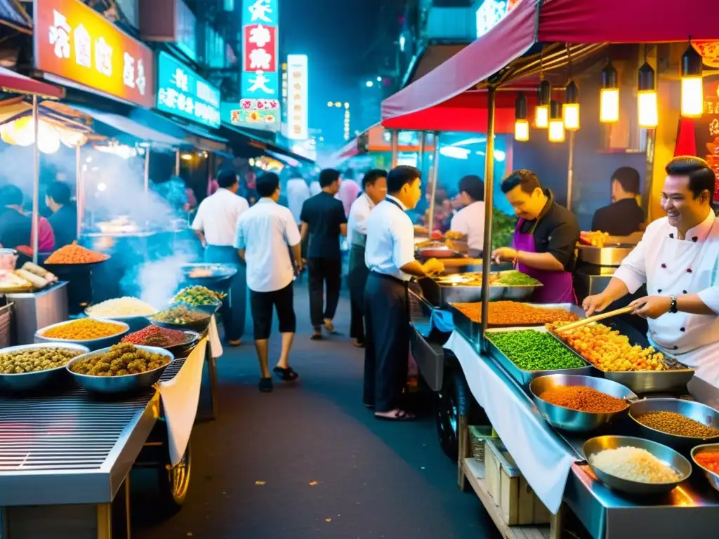 Vibrante mercado nocturno en Asia con puestos de comida callejera y neones, reflejando la rica cultura de la ciudad