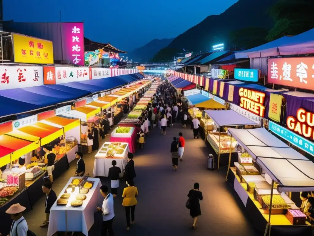 Un vibrante mercado nocturno en Asia con restaurantes pop-up exclusivos y puestos de lujo, iluminado por letreros de neón