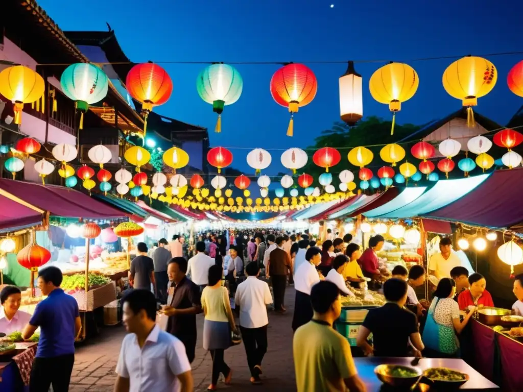Vibrante mercado nocturno en Asia con restaurantes pop-up exclusivos, comida colorida y energía cultural