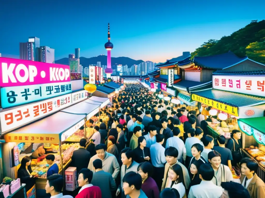 Vibrante mercado nocturno en Seúl, Corea del Sur, con luces de neón y multitud