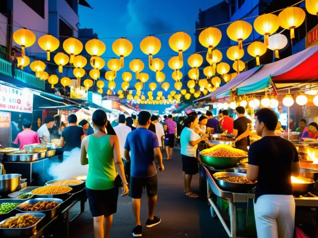 Vibrante mercado nocturno en Bangkok, Tailandia, con puestos de comida iluminados y ambiente bullicioso