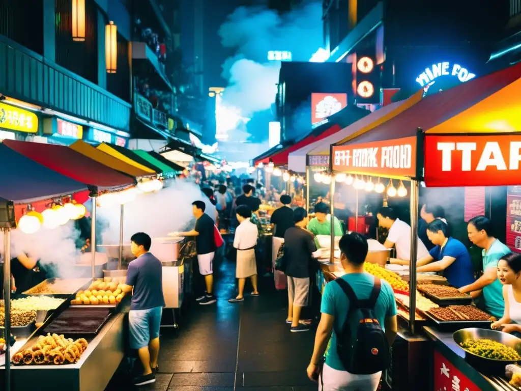 Vibrante mercado nocturno en Taipei, Taiwán, con puestos de comida coloridos y multitud de gente