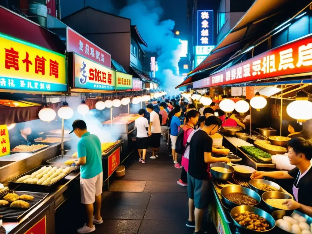 Vibrante mercado nocturno en Taipei, con puestos de comida callejera y ambiente moderno