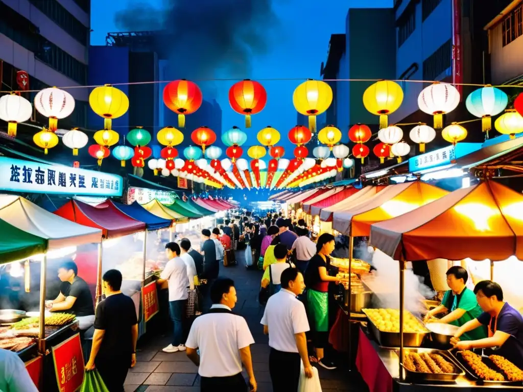 Vibrante mercado nocturno en Taipei, Taiwán, con puestos de comida iluminados por linternas