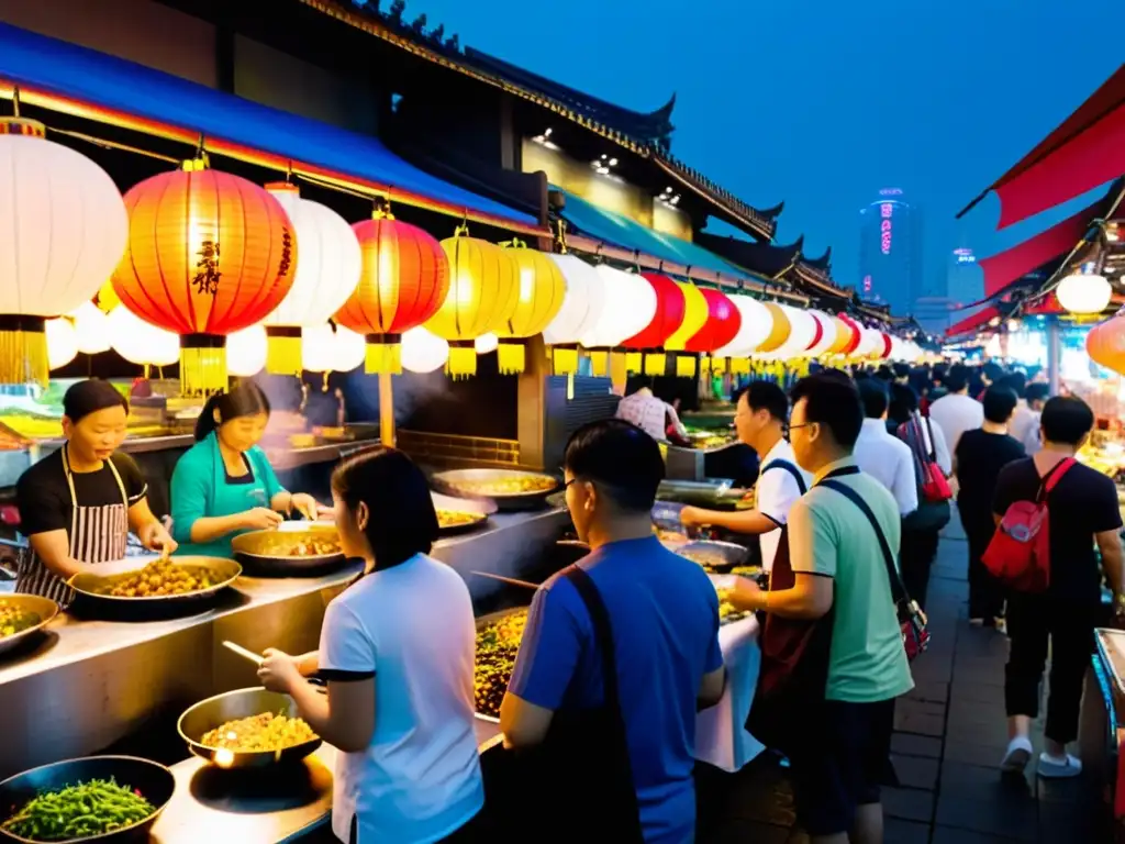 Vibrante mercado nocturno en Taipei, con puestos de comida coloridos iluminados por faroles