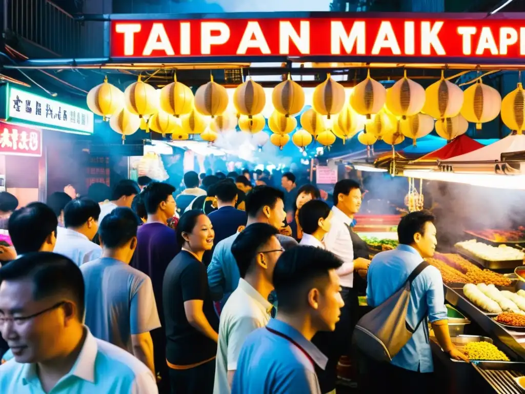 Vibrante mercado nocturno en Taipei, Taiwán, con puestos de comida y luces de neón