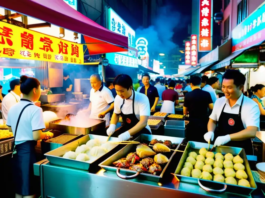 Vibrante mercado nocturno en Taipei, con puestos de comida asiática iluminados por letreros de neón