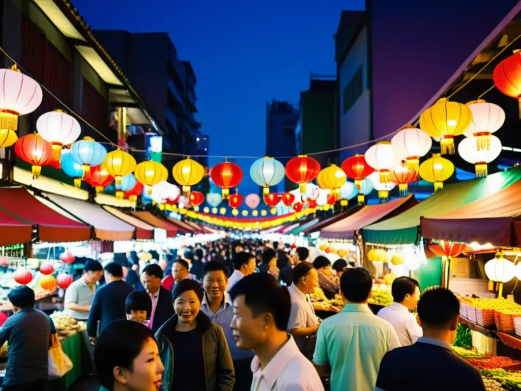 Vibrante mercado nocturno en Taipei, con adaptaciones occidentales series asiáticas, comida callejera y coloridas linternas iluminando la escena