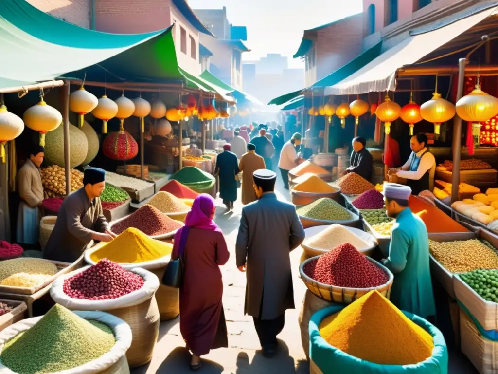 Vibrante mercado de la Ruta de la Seda, fusionando gastronomía Asiática con especias y textiles coloridos en un intercambio cultural histórico