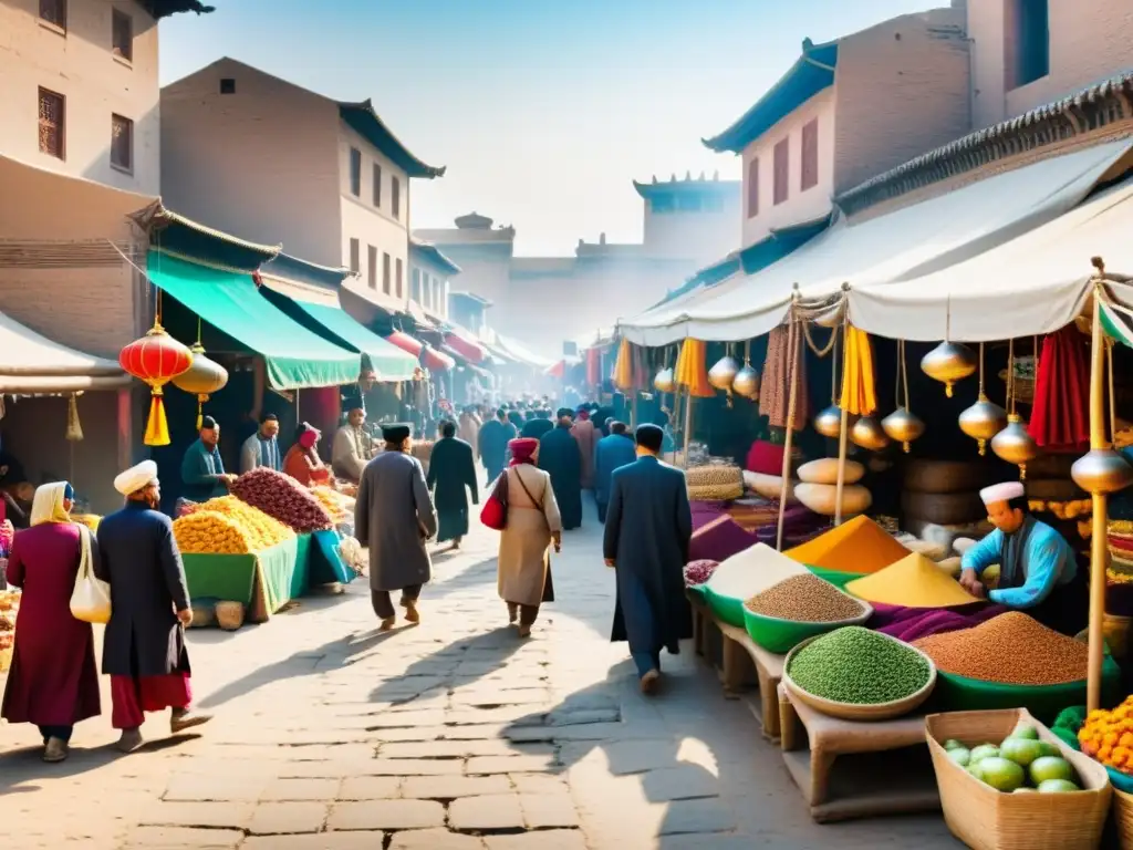 Vibrante mercado en la Ruta de la Seda donde comerciantes de diversas culturas forman conexiones comerciales en un ambiente histórico y multicolor