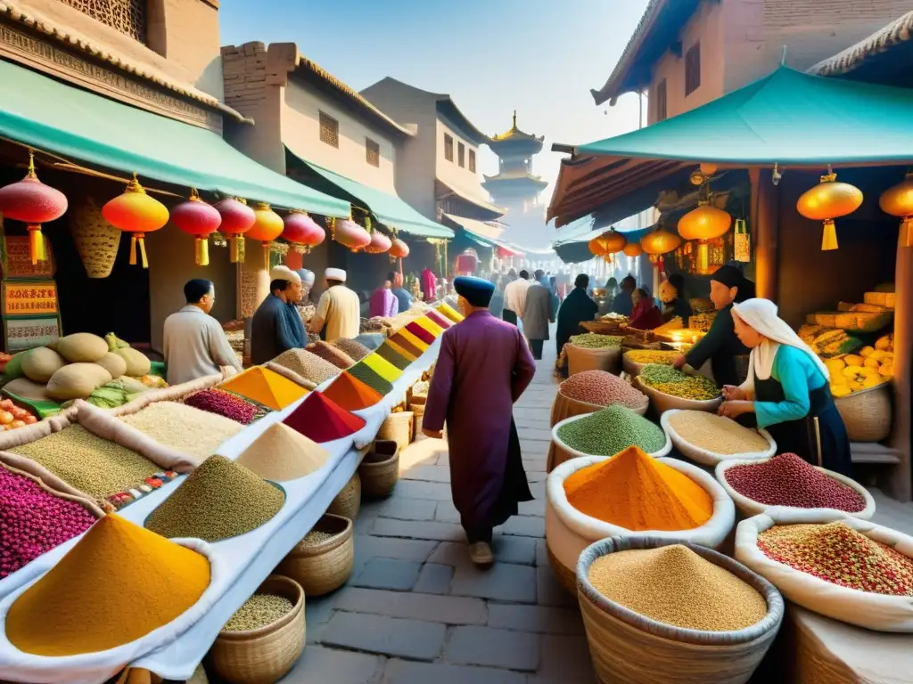 Vibrante mercado de la Ruta de la Seda con especias coloridas y frutas exóticas, reflejando la diversidad cultural y la gastronomía asiática