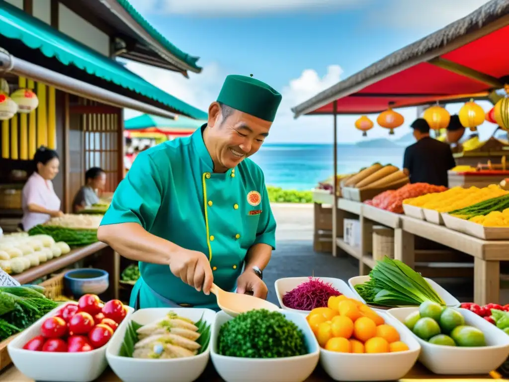 Vibrante mercado tradicional en Okinawa, ofreciendo una amplia variedad de productos frescos y delicias locales