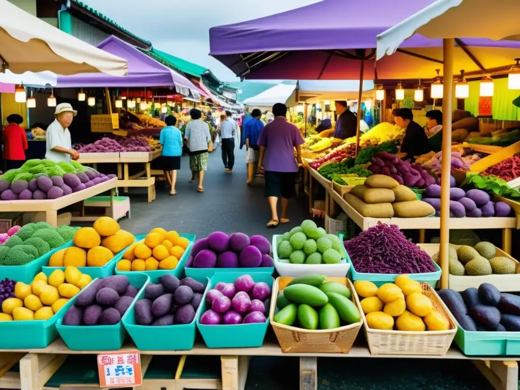 Vibrante mercado tradicional en Okinawa con ingredientes locales únicos