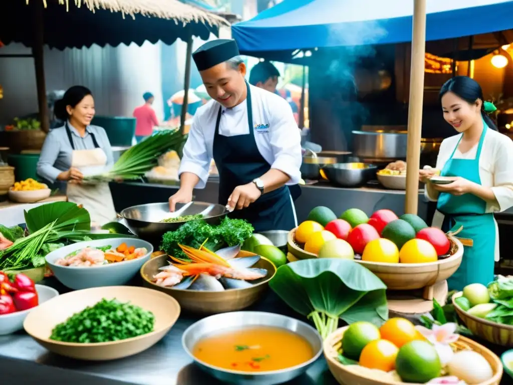 Vibrante mercado vietnamita con chefs expertos impartiendo clases de cocina