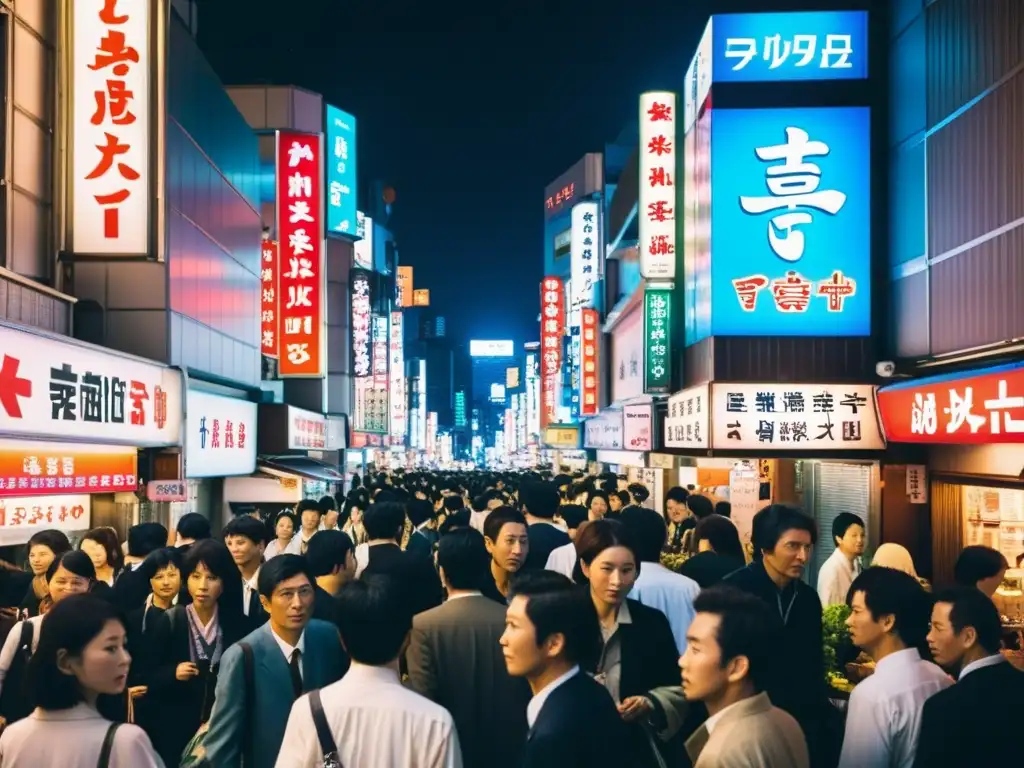 Una vibrante y moderna calle de Tokio de noche, con letreros de neón y bulliciosa actividad, reflejando el impacto de Murakami en narrativa