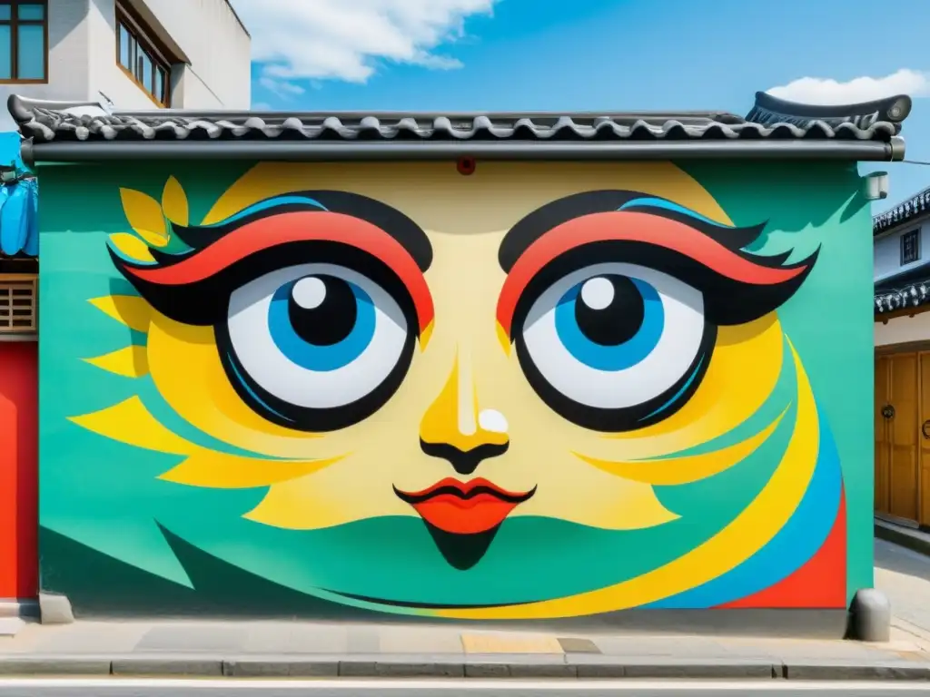 Vibrante mural de arte callejero en Seúl, Corea del Sur, fusionando elementos culturales tradicionales con técnicas artísticas modernas