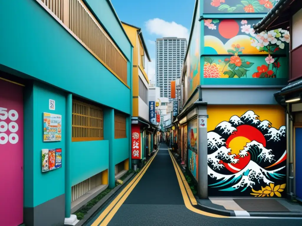 Un vibrante mural de arte callejero en una animada callejuela de Tokio