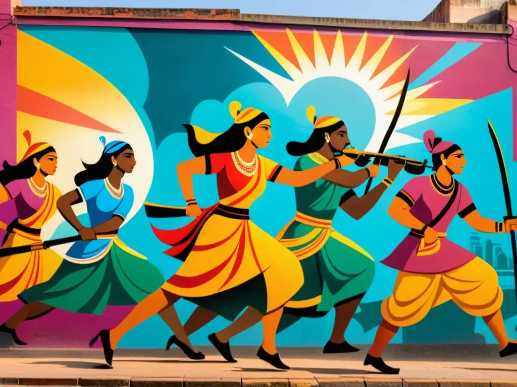 Vibrante mural callejero en India representando conflictos históricos y culturales con guerreros, armas y escenas de guerra