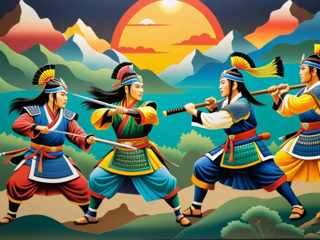 Vibrante mural de guerreros Hwarang practicando artes marciales en un escenario montañoso, representando la historia de Corea y la dinastía Silla