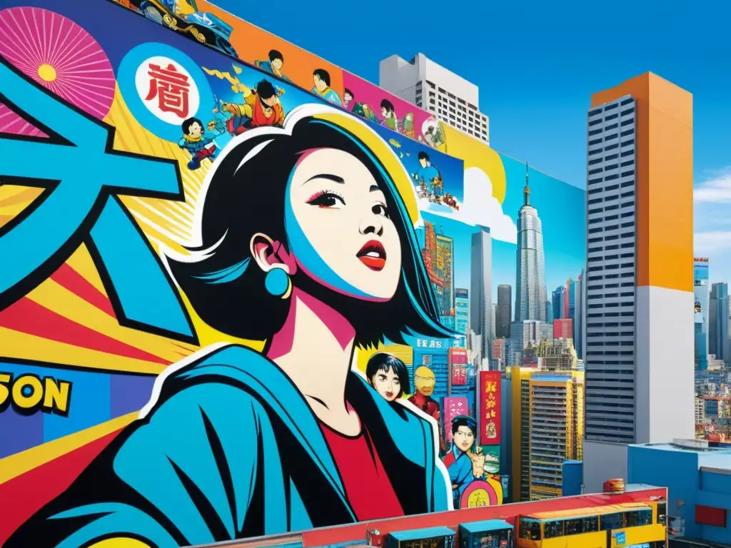 Un vibrante mural de influencias pop arte asiático moderno en una bulliciosa ciudad asiática, con colores ricos y detallados