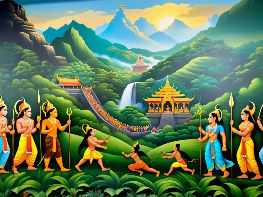 Vibrante mural del Ramayana con colores ricos y detalles finos, ambientado en exuberante naturaleza