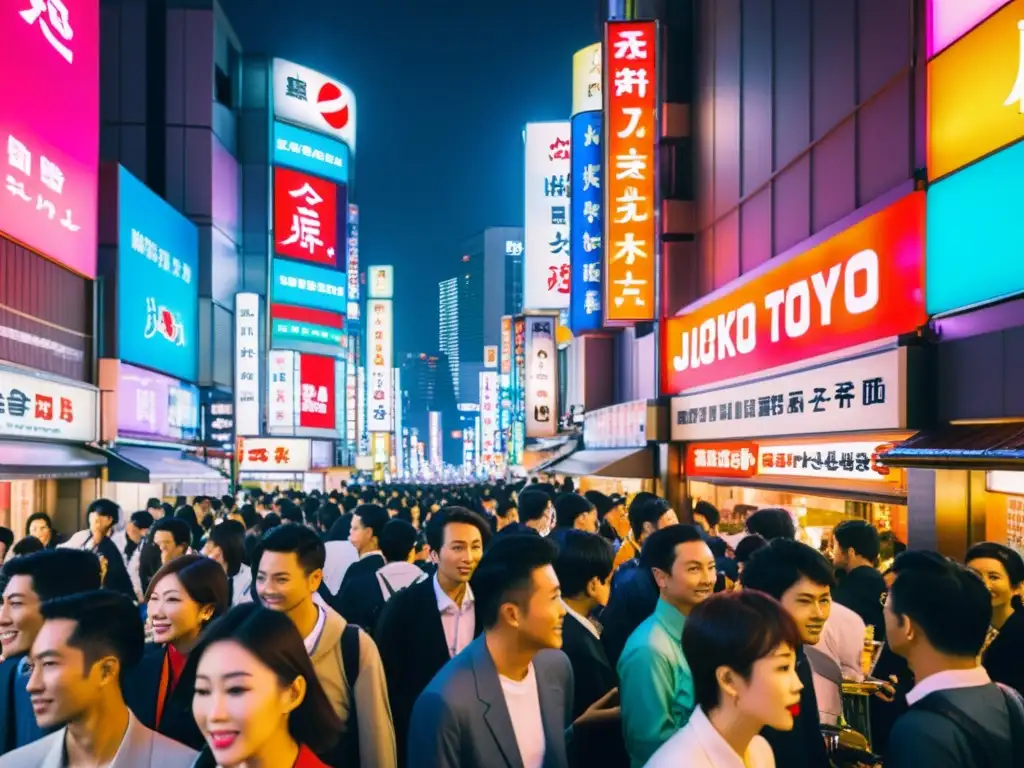 Una vibrante noche en una bulliciosa calle de Tokio, con neones y una mezcla de arquitectura tradicional y moderna