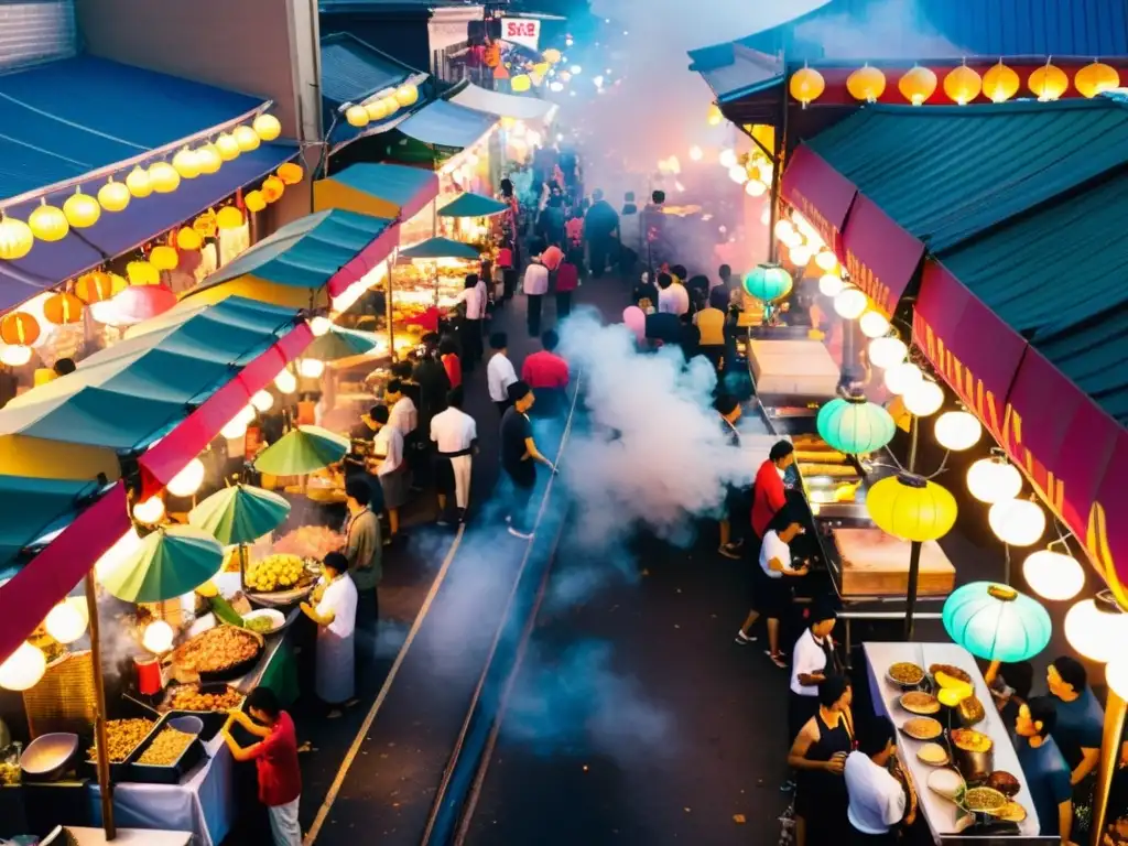 Vibrante noche de mercado asiático con chefs celebridades de Asia cocinando platos tradicionales entre coloridas linternas y neones brillantes