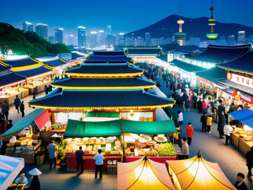 Vibrante noche en un mercado de Seúl, con restaurantes pop-up exclusivos Asia ofreciendo delicias culinarias