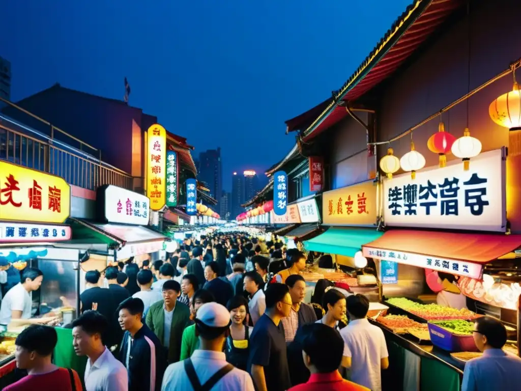 Vibrante noche de mercado en Taipei, con luces de neón y puestos de comida callejera