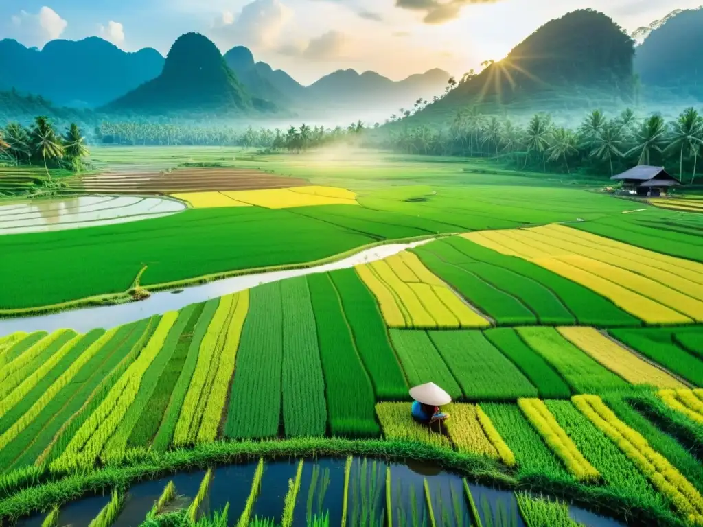 Vibrante paisaje de arrozales en Asia, con gran diversidad de cultivos, agricultores y atardecer dorado