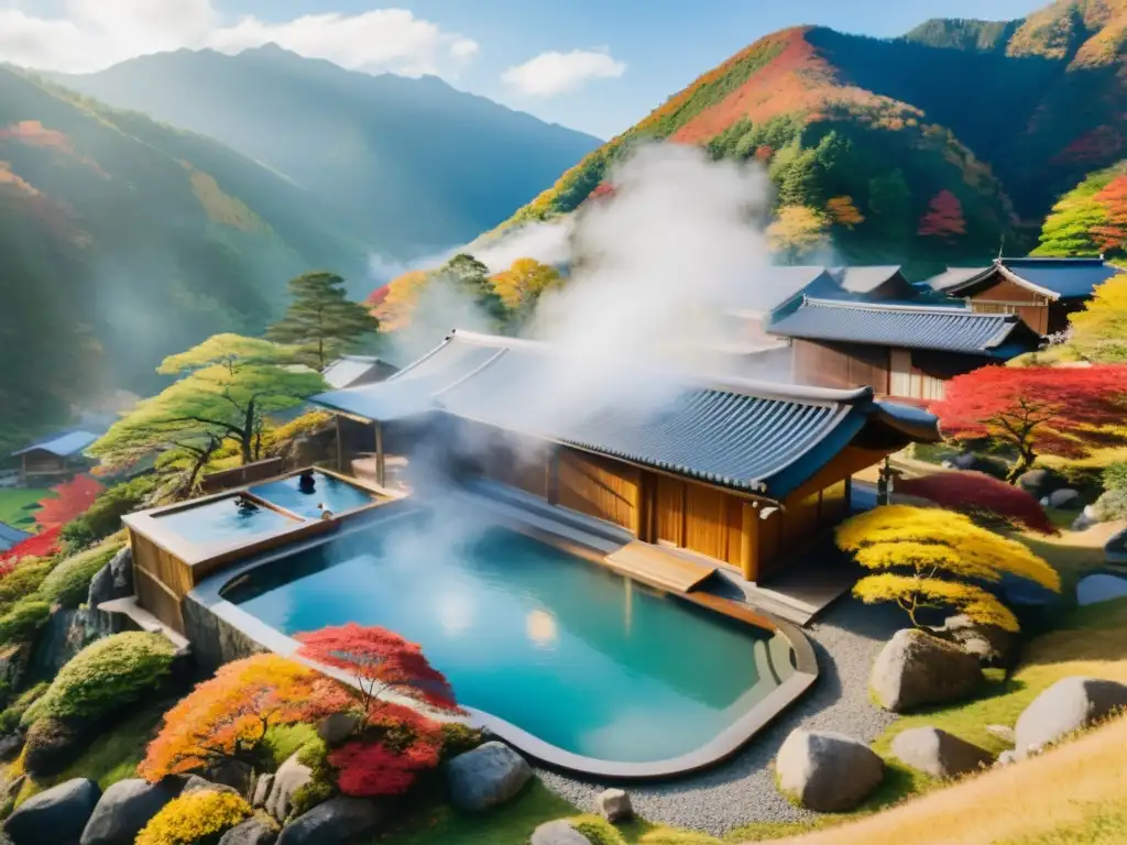 Vibrante paisaje otoñal de onsen japonés, envuelto en tranquilidad