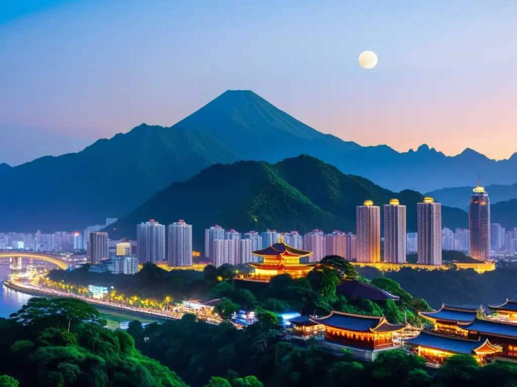 Skyline urbano asiático: fusión de tradición y modernidad Un vibrante paisaje urbano asiático al anochecer, con rascacielos iluminados por luces de neón y una luna llena en el horizonte
