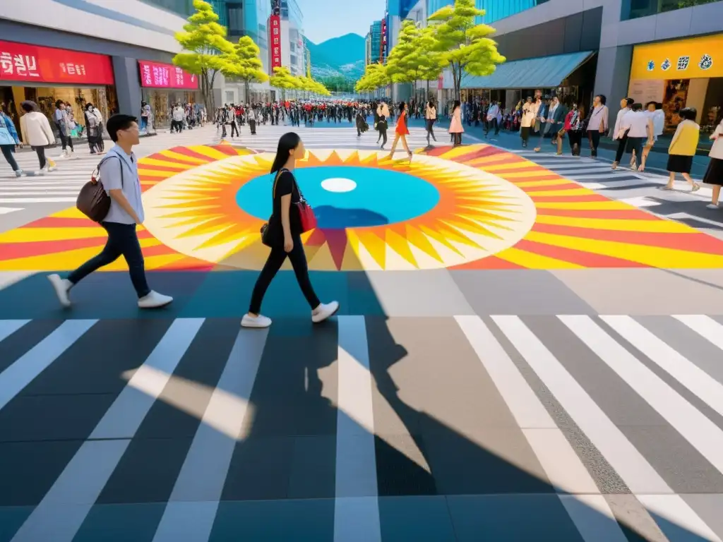 Un vibrante paisaje urbano en Seúl, Corea del Sur, lleno de murales, esculturas y proyecciones 3D